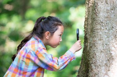 Ormandaki ağaçtaki büyüteçten bakan Asyalı kız.