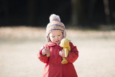 Bir oyuncak ayı parkta kızla