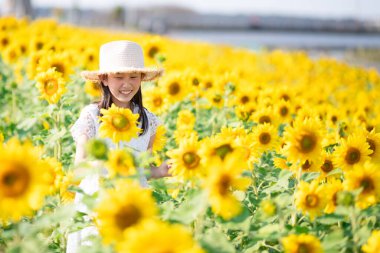 Ayçiçeği tarlasında mutlu Asyalı kız 