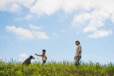 Baba, kız ve köpek çayırda oynuyorlar.