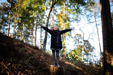 Ormanda elleri havada güzel bir Asyalı kız.
