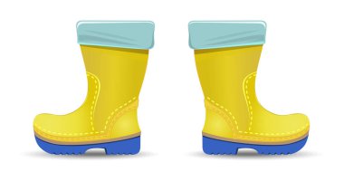 Mavi tabanlı sarı lastik çizmeler. Sakız botları, diş etleri, beyaz arka planda izole edilmiş su taytları. Vektör illüstrasyonu