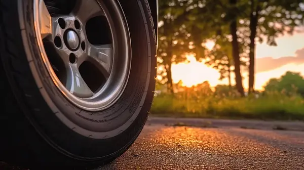 Yakından, gün batımında yolun kenarına park edilmiş Kamp Vagonu Lastikleri 'nin görüntüsü.