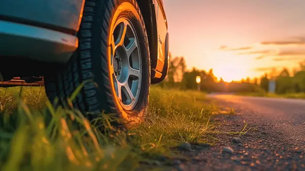 Yakından, gün batımında yolun kenarına park edilmiş Kamp Vagonu Lastikleri 'nin görüntüsü.