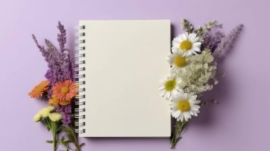 Masadaki beyaz boş defter ve çiçeklerin üst görünümü