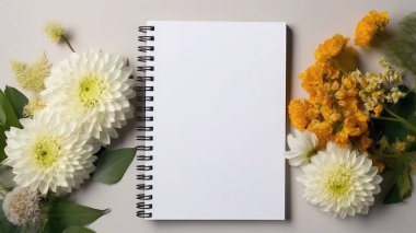 Masadaki beyaz boş defter ve çiçeklerin üst görünümü