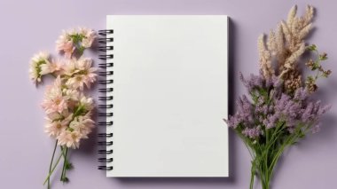 Masadaki beyaz boş defter ve çiçeklerin üst görünümü
