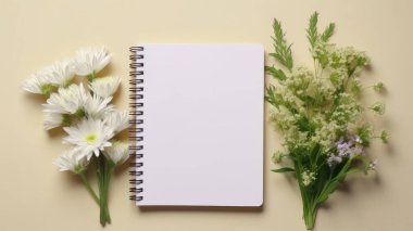 Masadaki beyaz boş defter ve çiçeklerin üst görünümü