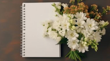 Masadaki beyaz boş defter ve çiçeklerin üst görünümü