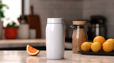 Masadaki boş şablon için siyah kapaklı beyaz bir şişe.