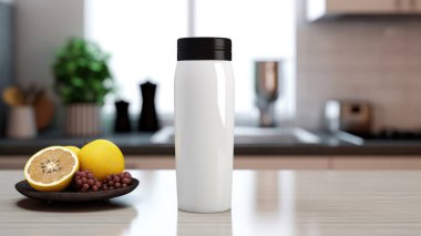 Masadaki boş şablon için siyah kapaklı beyaz bir şişe.