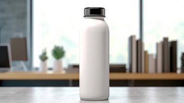 Masadaki boş şablon için siyah kapaklı beyaz bir şişe.