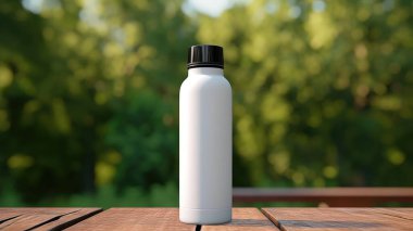 Masadaki boş şablon için siyah kapaklı beyaz bir şişe.