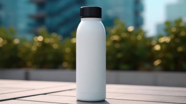 Masadaki boş şablon için siyah kapaklı beyaz bir şişe.