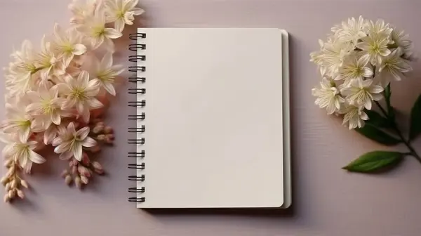 Masadaki beyaz boş defter ve çiçeklerin üst görünümü