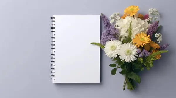 Masadaki beyaz boş defter ve çiçeklerin üst görünümü