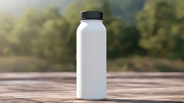 Masadaki boş şablon için siyah kapaklı beyaz bir şişe.