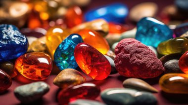 Sanatsal bir şablona göre dizilmiş farklı renkli taşlardan oluşan bir koleksiyon.