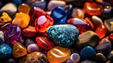 Sanatsal bir şablona göre dizilmiş farklı renkli taşlardan oluşan bir koleksiyon.