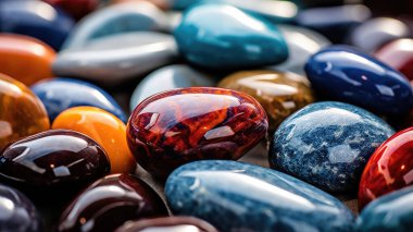 Sanatsal bir şablona göre dizilmiş farklı renkli taşlardan oluşan bir koleksiyon.