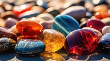 Sanatsal bir şablona göre dizilmiş farklı renkli taşlardan oluşan bir koleksiyon.
