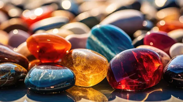 Sanatsal bir şablona göre dizilmiş farklı renkli taşlardan oluşan bir koleksiyon.