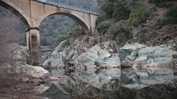 Nehir vadide. Sakin dağ nehri. Volkanik bir geçitte nehir. Amerika 'nın doğası. Kaliforniya 'nın doğası. Sacramento. Volkanik kayalar. Nehrin kayalık kıyıları. Kuzey Amerika doğası. Doğa manzarası. Dağ nehri manzarası. Kanyon.