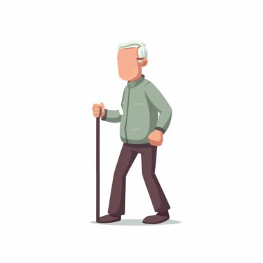 Bastonla yürüyen yaşlı bir adam. Sopalı yaşlı bir adam. Eski bastonlu yaşlı insanlar. Düz çizgi film tarzındaki son sınıf öğrencisi beyaz arka planda izole edilmiş.