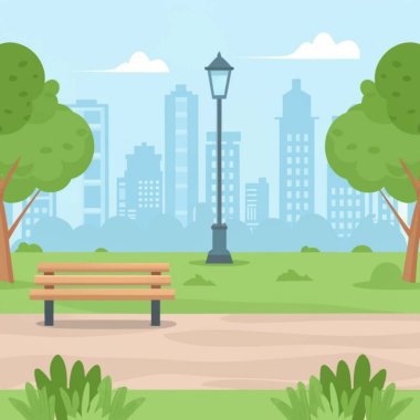 Yeşil ağaçlı banklı şehir yaz parkı