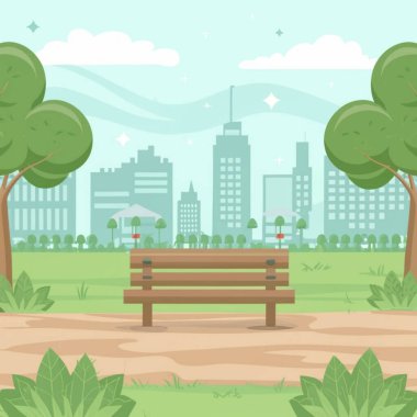 Yeşil ağaçlı banklı şehir yaz parkı