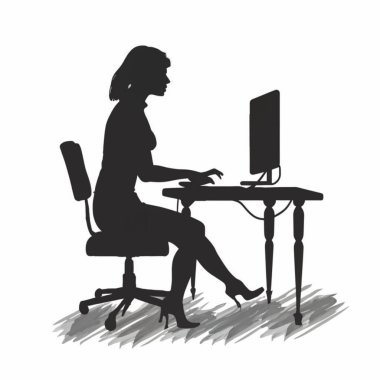 Kadın dizüstü bilgisayarda çalışıyor. Siyah vektör çizimi.