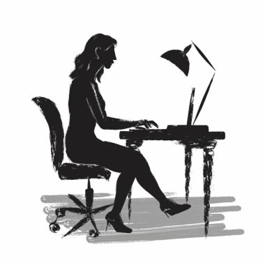 Kadın dizüstü bilgisayarda çalışıyor. Siyah vektör çizimi.