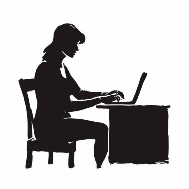 Kadın dizüstü bilgisayarda çalışıyor. Siyah vektör çizimi.