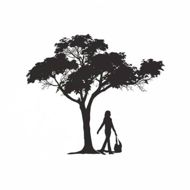 Kadın ağaç siluetinin altında yürüyor siyah vektör çizimi