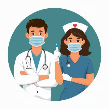 Doktor ve hemşire maske takıyor, tedavi vektör tasarımı 