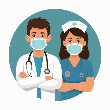 Doktor ve hemşire maske takıyor, tedavi vektör tasarımı 