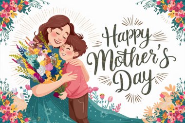 Anneler günü tebrik kartı. Sevgili anne çocuğunu sev, vektör il.