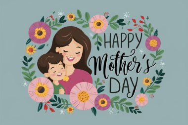 Anneler günü tebrik kartı. Sevgili anne çocuğunu sev, vektör il.