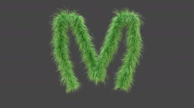3D animasyon yeşil çimen harfi M, rüzgarda esen yeşil çimenlerin güzel harfi, 3D renging, RGB Alpha, UHD 4K