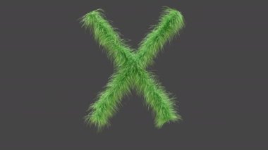 3D animasyon yeşil çimen harfi X, rüzgarda esen yeşil çimenlerin izole edilmiş güzel harfi, 3D görüntüleme, RGB Alpha, UHD 4K