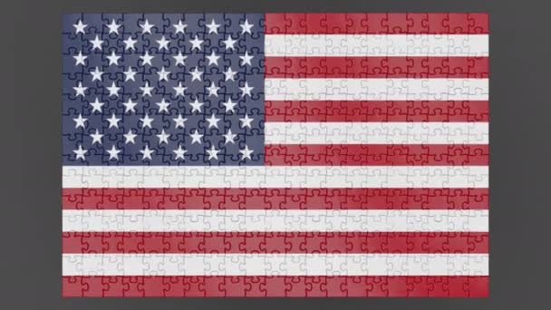Animation Usa Flag Falling Surface Assembled Puzzle Alpha Channel Shadow — Stock Video