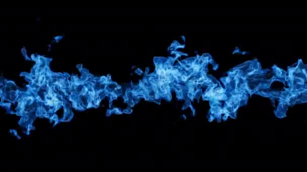 フレーム全体の水平線から現れる青い火の3Dアニメーションと混沌とした方向に燃える ファイルにはアルファチャンネルが含まれています — ストック動画