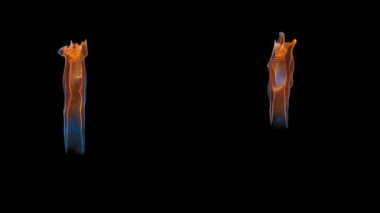 3D L harfi ateşte belirir. Alev, harfi örterek, kırmızı ve mavinin parlak tonlarında dans eder. Büyük ve küçük çaplı ateşli semboller. Dosyada bir Alfa Kanalı var. ProRes4 RGBA