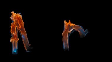 3D M harfi ateşle ortaya çıkıyor. Alev, harfi örterek, kırmızı ve mavinin parlak tonlarında dans eder. Büyük ve küçük çaplı ateşli semboller. Dosyada bir Alfa Kanalı var. ProRes4 RGBA