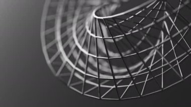 Geometrik Mobius figürünün dönüşünün 3 boyutlu animasyonu. Geometri krom kaplı metal silindirlerden inşa edilmiştir. Yakın plan. Odaklanmayın.