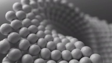 Mobius geometrik figürünün dönüşünün 3 boyutlu animasyonu. Geometri küresel şekiller dizisinden inşa edilmiştir. Yakın plan. Odaklanmayın.