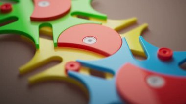 Çok renkli plastik oyuncaklardan oluşan bir grubun 3 boyutlu animasyonu. Yakın plan. Odaklanmayın