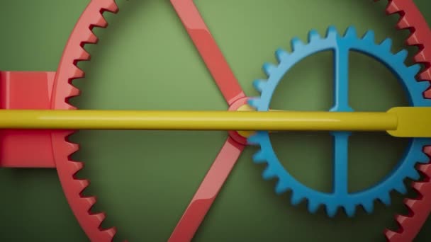 Looping Animation Group Multi Colored Plastic Toy Gears Close Defocus — Stock Video