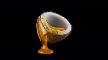 Bal kaplı bir hindistan cevizi döngüsü. Hindistan cevizi yavaşça 360 derece dönüyor. Dosya Alfa Kanalı içeriyor.