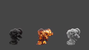 Üç çeşit yangın patlaması. İlk patlama çok az ateş içerir. İkinci patlama daha fazla ateş içeriyor. Üçüncü patlama beyaz dumandan oluşuyor. Dosya Alfa Kanalı içeriyor.